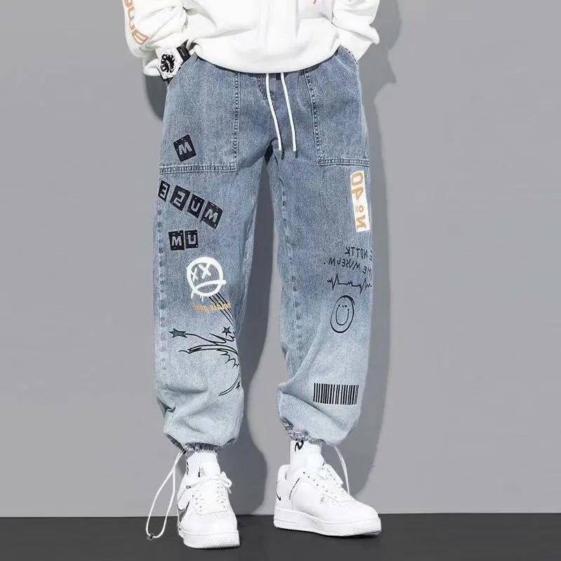 Korean Clothing Men Letter Printed Jeans High Waisted Baggy Jeans Cartoon Graffiti Hip - Hop Pants Blue Jeans - 𝐝𝐮𝐯𝐥𝐚𝐬𝐡𝐨𝐩.𝐜𝐨𝐦
