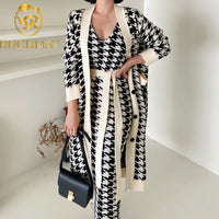 Korean Sweater Set Fashion Vintage Style V - Neck Long Knitted Sweater Coat + Houndstooth Vest Dress Female Two - Piece Suit - 𝐃𝐔𝐕𝐋𝐀𝐒𝐇𝐎𝐏