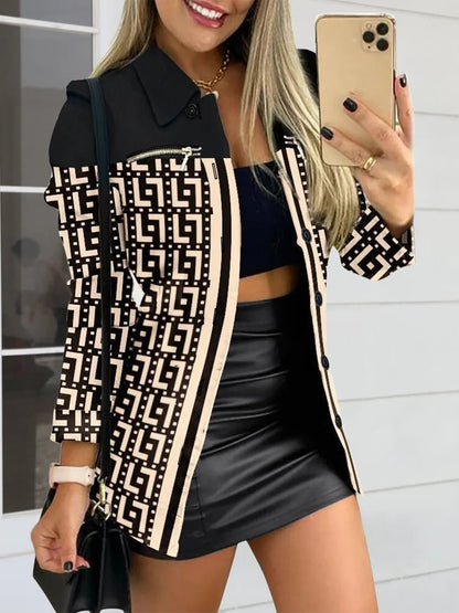Long sleeved button color blocked printed lapel commuter suit for women - 𝐃𝐔𝐕𝐋𝐀𝐒𝐇𝐎𝐏
