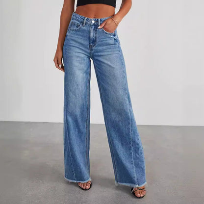 Loose wide leg side seam splicing, brushed hem denim jeans for women - 𝐝𝐮𝐯𝐥𝐚𝐬𝐡𝐨𝐩.𝐜𝐨𝐦