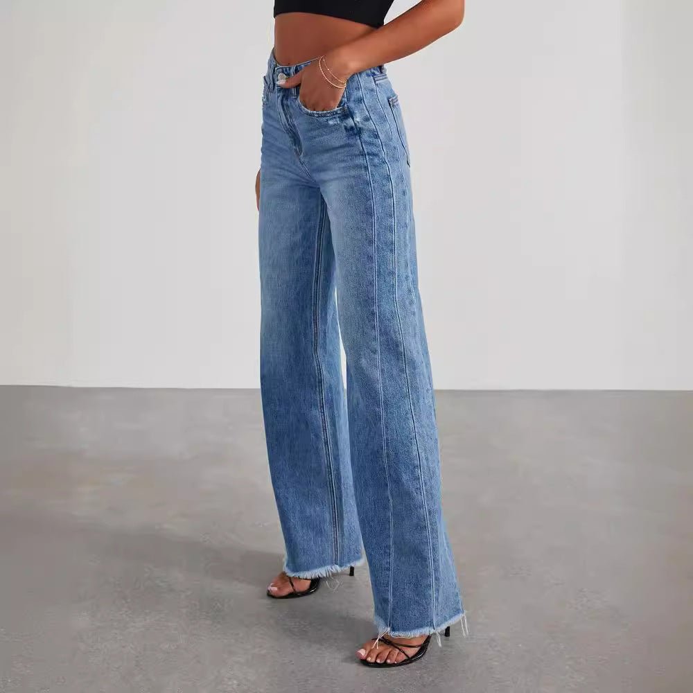Loose wide leg side seam splicing, brushed hem denim jeans for women - 𝐝𝐮𝐯𝐥𝐚𝐬𝐡𝐨𝐩.𝐜𝐨𝐦