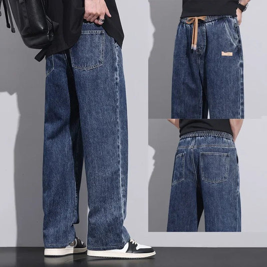 Men Dark Blue Blue Stretch Elastic Waist Denim Pants Streetwear Loose Full Length Trousers Straight Wide Leg Drawstring Jeans - 𝐝𝐮𝐯𝐥𝐚𝐬𝐡𝐨𝐩.𝐜𝐨𝐦