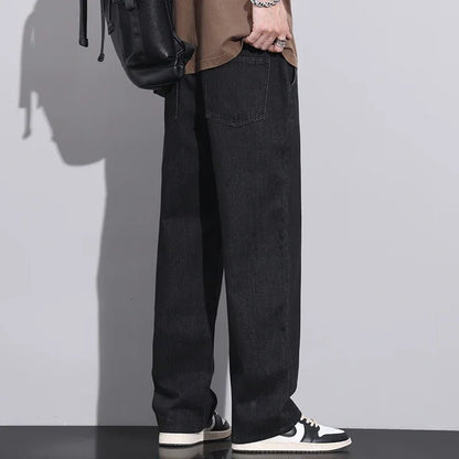 Men Dark Blue Blue Stretch Elastic Waist Denim Pants Streetwear Loose Full Length Trousers Straight Wide Leg Drawstring Jeans - 𝐃𝐔𝐕𝐋𝐀𝐒𝐇𝐎𝐏