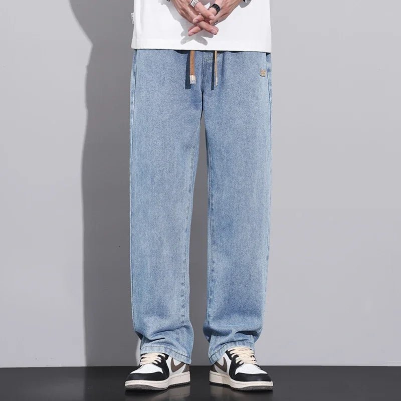 Men Dark Blue Blue Stretch Elastic Waist Denim Pants Streetwear Loose Full Length Trousers Straight Wide Leg Drawstring Jeans - 𝐝𝐮𝐯𝐥𝐚𝐬𝐡𝐨𝐩.𝐜𝐨𝐦