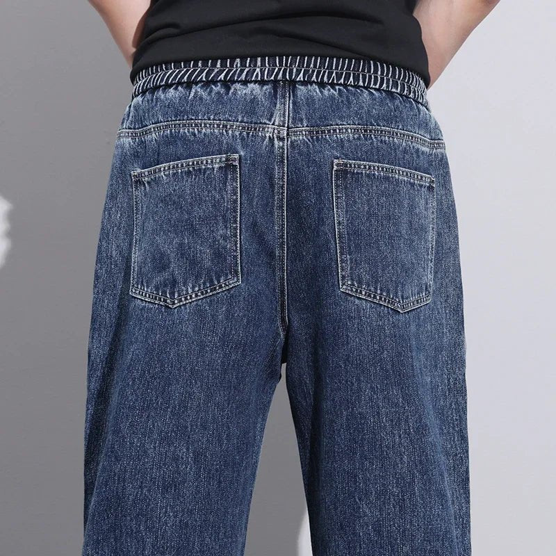 Men Dark Blue Blue Stretch Elastic Waist Denim Pants Streetwear Loose Full Length Trousers Straight Wide Leg Drawstring Jeans - 𝐃𝐔𝐕𝐋𝐀𝐒𝐇𝐎𝐏