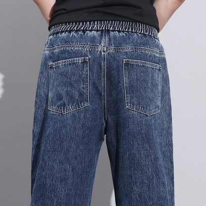 Men Dark Blue Blue Stretch Elastic Waist Denim Pants Streetwear Loose Full Length Trousers Straight Wide Leg Drawstring Jeans - 𝐃𝐔𝐕𝐋𝐀𝐒𝐇𝐎𝐏