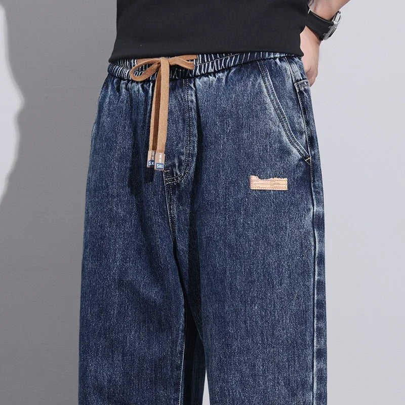 Men Dark Blue Blue Stretch Elastic Waist Denim Pants Streetwear Loose Full Length Trousers Straight Wide Leg Drawstring Jeans - 𝐝𝐮𝐯𝐥𝐚𝐬𝐡𝐨𝐩.𝐜𝐨𝐦