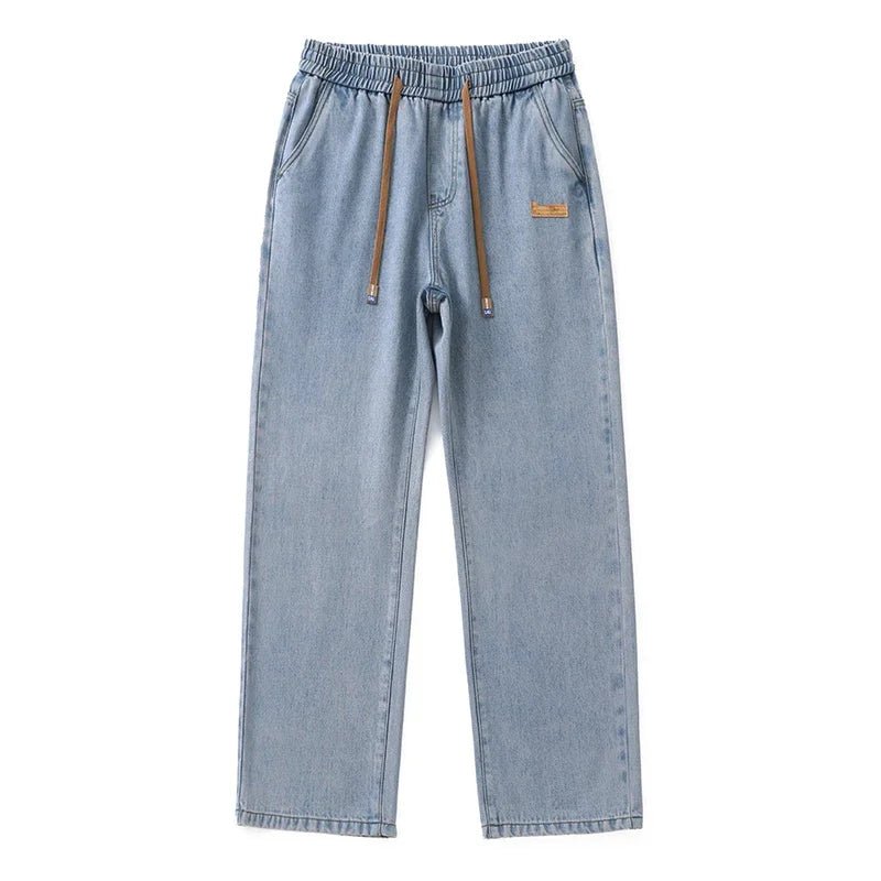 Men Dark Blue Blue Stretch Elastic Waist Denim Pants Streetwear Loose Full Length Trousers Straight Wide Leg Drawstring Jeans - 𝐃𝐔𝐕𝐋𝐀𝐒𝐇𝐎𝐏