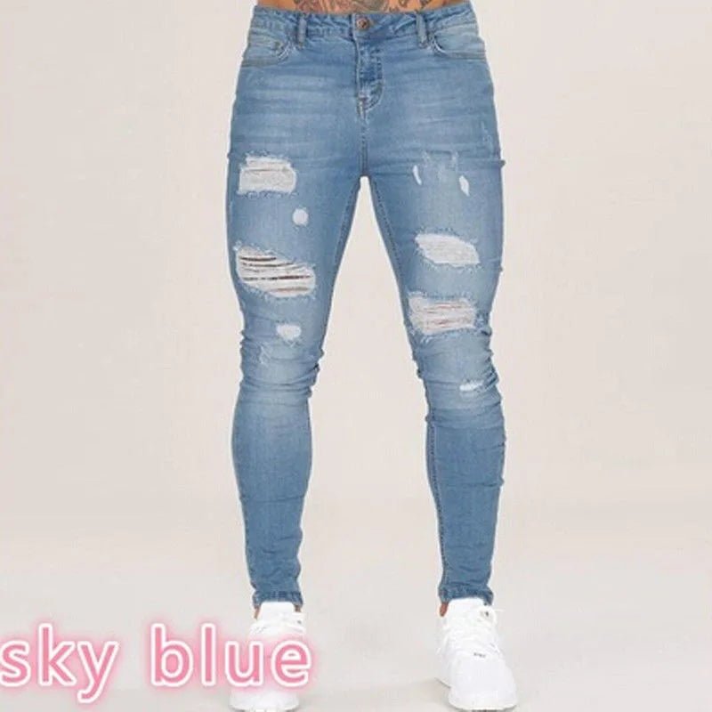 Men Jeans Knee Hole Ripped Stretch Skinny Denim Pants Solid Color Black Blue Autumn Summer Hip - Hop Style Slim Fit Trousers S - 4XL - 𝐃𝐔𝐕𝐋𝐀𝐒𝐇𝐎𝐏