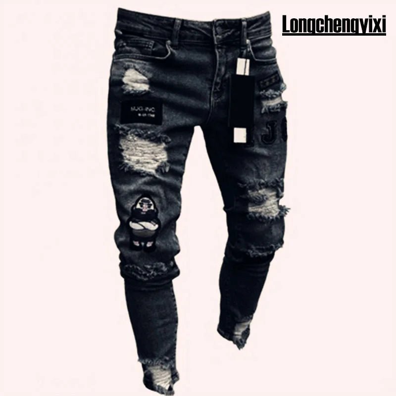 Men Jeans Knee Hole Ripped Stretch Skinny Denim Pants Solid Color Black Blue Autumn Summer Hip - Hop Style Slim Fit Trousers S - 4XL - 𝐃𝐔𝐕𝐋𝐀𝐒𝐇𝐎𝐏