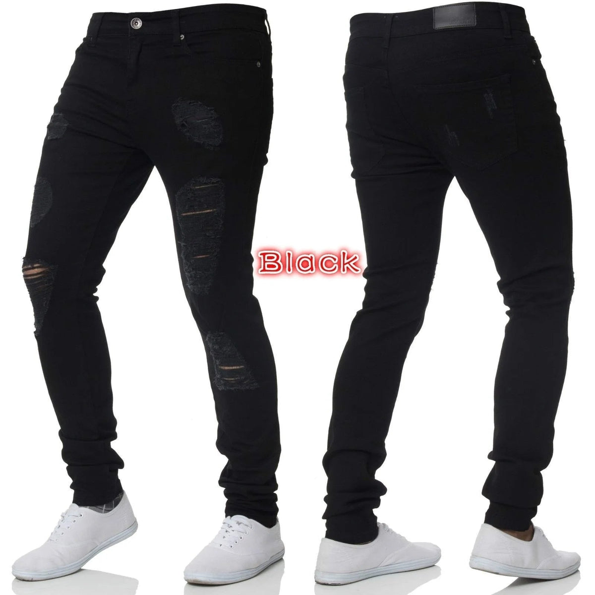 Men Jeans Knee Hole Ripped Stretch Skinny Denim Pants Solid Color Black Blue Autumn Summer Hip - Hop Style Slim Fit Trousers S - 4XL - 𝐃𝐔𝐕𝐋𝐀𝐒𝐇𝐎𝐏