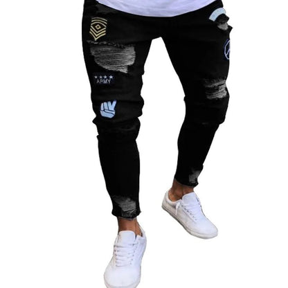 Men Jeans Knee Hole Ripped Stretch Skinny Denim Pants Solid Color Black Blue Autumn Summer Hip - Hop Style Slim Fit Trousers S - 4XL - 𝐃𝐔𝐕𝐋𝐀𝐒𝐇𝐎𝐏