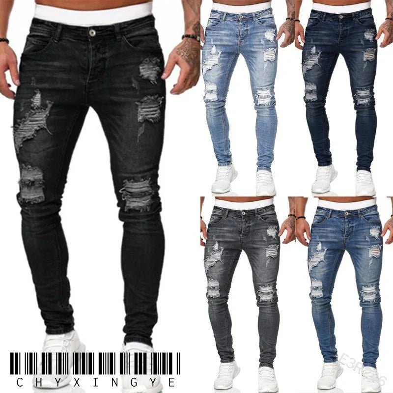 Men Jeans Knee Hole Ripped Stretch Skinny Denim Pants Solid Color Black Blue Autumn Summer Hip - Hop Style Slim Fit Trousers S - 4XL - 𝐃𝐔𝐕𝐋𝐀𝐒𝐇𝐎𝐏