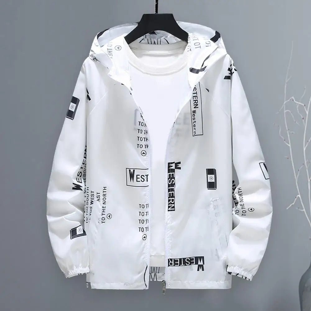 Men Windbreakers Hooded Jacket Zipper Closure Anti - UV Breathable Windproof Elastic Cuff Letter Print Cool Coat Male Outerwear - 𝐃𝐔𝐕𝐋𝐀𝐒𝐇𝐎𝐏