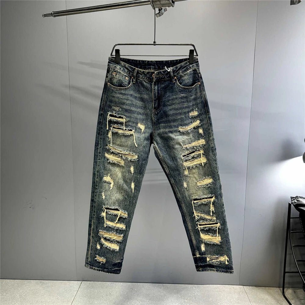 Mens Ripped Baggy Jeans Distressed Denim Streetwear Skateboard Pants Straight Leg Patchwork Oversized Urban Fashion Workwear - 𝐃𝐔𝐕𝐋𝐀𝐒𝐇𝐎𝐏