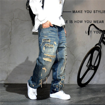 Mens Ripped Baggy Jeans Distressed Denim Streetwear Skateboard Pants Straight Leg Patchwork Oversized Urban Fashion Workwear - 𝐝𝐮𝐯𝐥𝐚𝐬𝐡𝐨𝐩.𝐜𝐨𝐦
