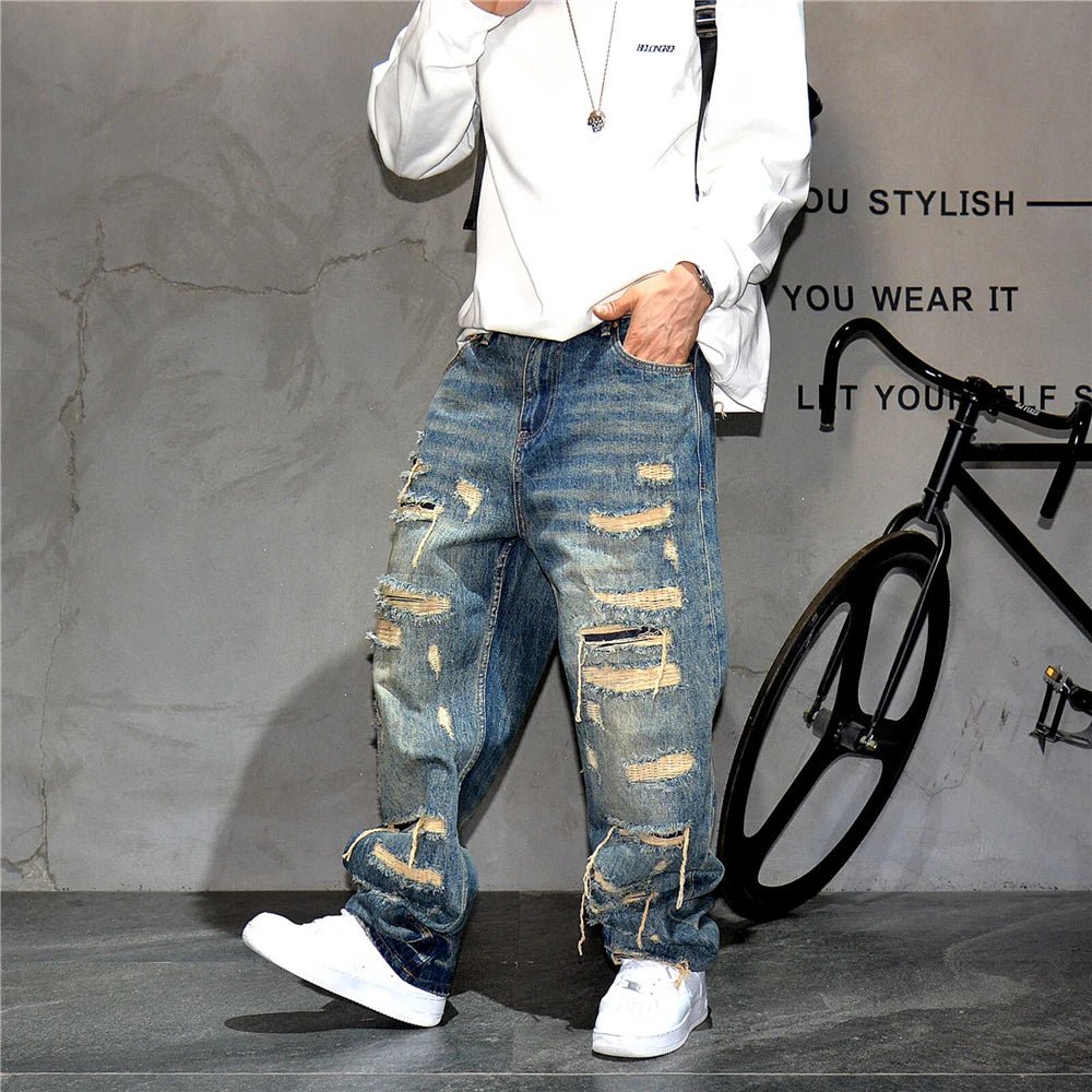 Mens Ripped Baggy Jeans Distressed Denim Streetwear Skateboard Pants Straight Leg Patchwork Oversized Urban Fashion Workwear - 𝐃𝐔𝐕𝐋𝐀𝐒𝐇𝐎𝐏