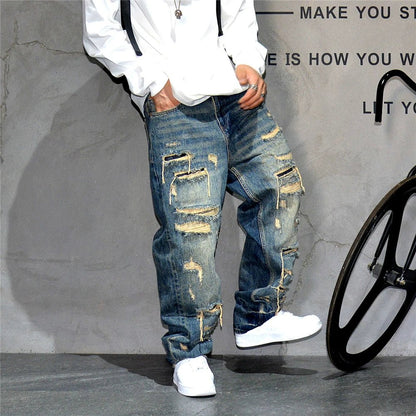 Mens Ripped Baggy Jeans Distressed Denim Streetwear Skateboard Pants Straight Leg Patchwork Oversized Urban Fashion Workwear - 𝐝𝐮𝐯𝐥𝐚𝐬𝐡𝐨𝐩.𝐜𝐨𝐦