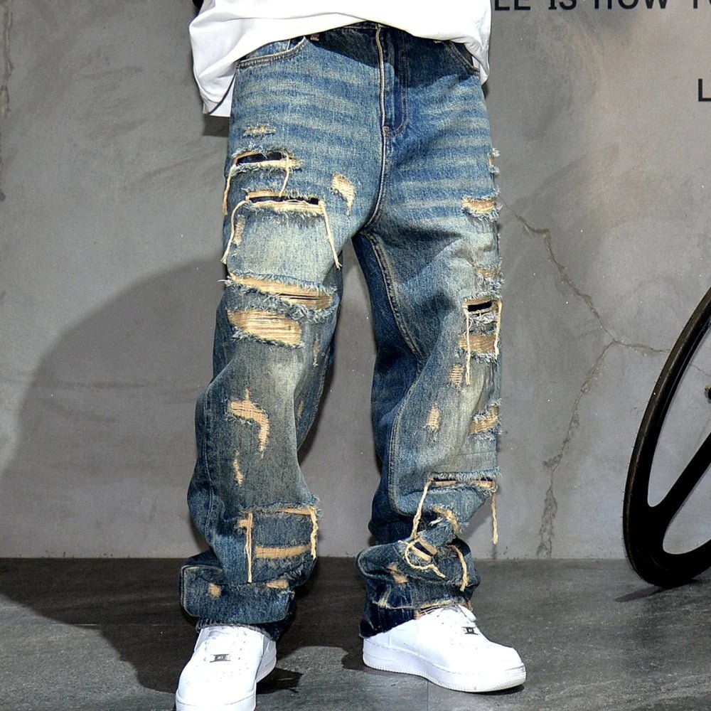 Mens Ripped Baggy Jeans Distressed Denim Streetwear Skateboard Pants Straight Leg Patchwork Oversized Urban Fashion Workwear - 𝐃𝐔𝐕𝐋𝐀𝐒𝐇𝐎𝐏