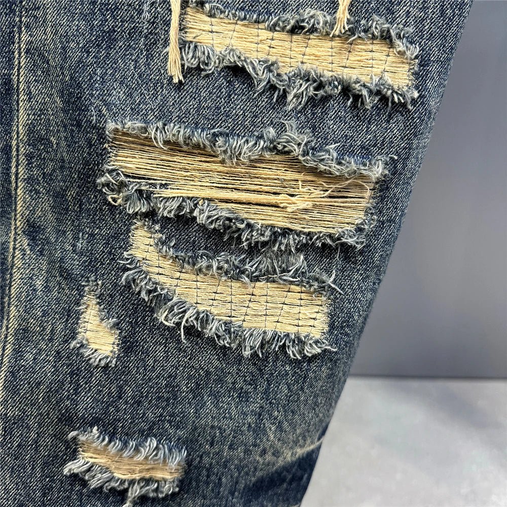 Mens Ripped Baggy Jeans Distressed Denim Streetwear Skateboard Pants Straight Leg Patchwork Oversized Urban Fashion Workwear - 𝐃𝐔𝐕𝐋𝐀𝐒𝐇𝐎𝐏