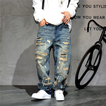 Mens Ripped Baggy Jeans Distressed Denim Streetwear Skateboard Pants Straight Leg Patchwork Oversized Urban Fashion Workwear - 𝐝𝐮𝐯𝐥𝐚𝐬𝐡𝐨𝐩.𝐜𝐨𝐦