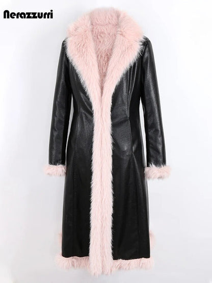 Nerazzurri Winter Long Black Fitted Thick Warm Pu Leather Coat Women with Pink Hairy Shaggy Fluffy Faux Fur Inside Runway Parka - 𝐃𝐔𝐕𝐋𝐀𝐒𝐇𝐎𝐏