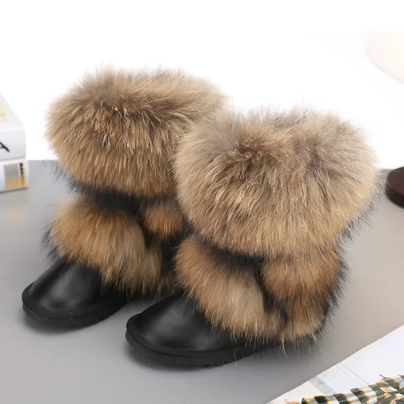 New Fashion Big Fox Fur Woman Snow Boots Lady Winter Boots Genuine Cowhide Leather Mid - calf Warm Boots Women Boots Shoes - 𝐝𝐮𝐯𝐥𝐚𝐬𝐡𝐨𝐩.𝐜𝐨𝐦