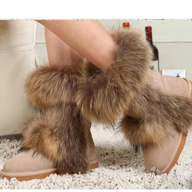 New Fashion Big Fox Fur Woman Snow Boots Lady Winter Boots Genuine Cowhide Leather Mid - calf Warm Boots Women Boots Shoes - 𝐝𝐮𝐯𝐥𝐚𝐬𝐡𝐨𝐩.𝐜𝐨𝐦