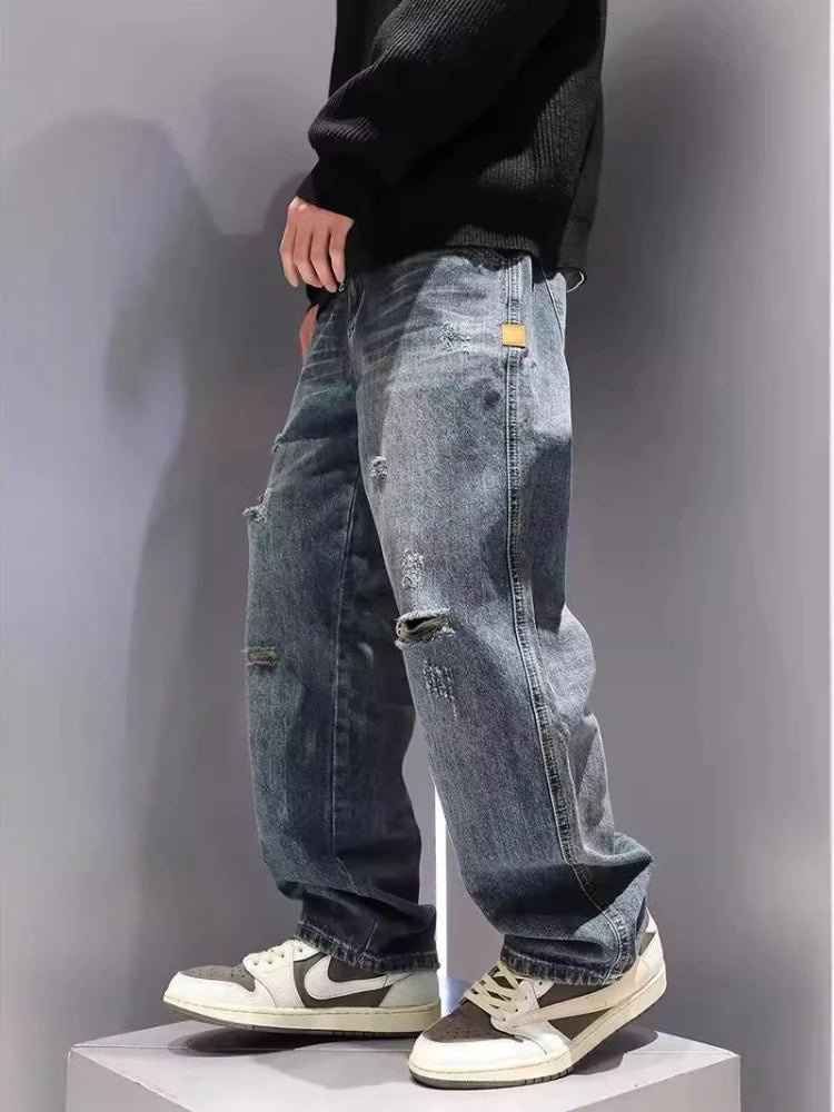 New Men's Ripped Jeans Baggy Straight Fashion Vintage Blue Denim Pants Personality Streetwear Hip Hop High Quality Male Trousers - 𝐃𝐔𝐕𝐋𝐀𝐒𝐇𝐎𝐏