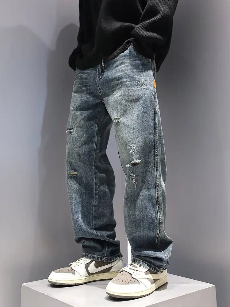 New Men's Ripped Jeans Baggy Straight Fashion Vintage Blue Denim Pants Personality Streetwear Hip Hop High Quality Male Trousers - 𝐃𝐔𝐕𝐋𝐀𝐒𝐇𝐎𝐏