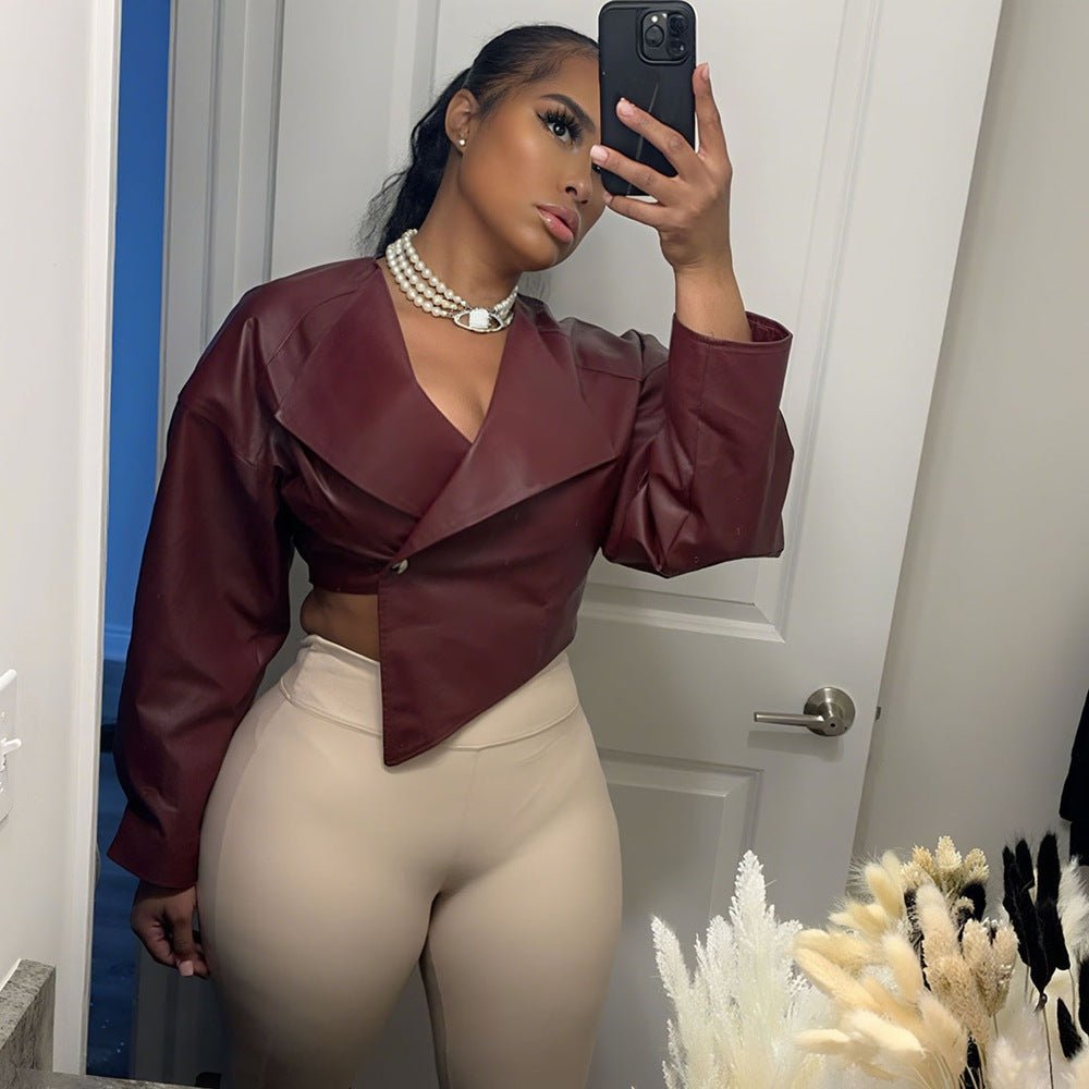 Open navel PU leather solid color casual jacket women's leather jacket - 𝐃𝐔𝐕𝐋𝐀𝐒𝐇𝐎𝐏