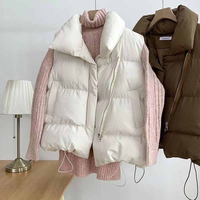 Padded Vest for Women, Korean Style, Loose Fit, Stand Collar Solid Color Spring and Autumn Fashion - 𝐃𝐔𝐕𝐋𝐀𝐒𝐇𝐎𝐏