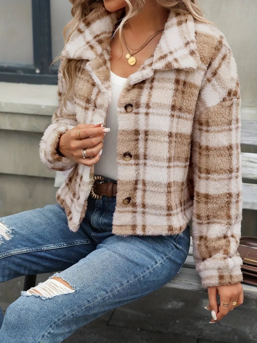 Plaid Button Up Collared Neck Long Sleeve Jacket - 𝐃𝐔𝐕𝐋𝐀𝐒𝐇𝐎𝐏