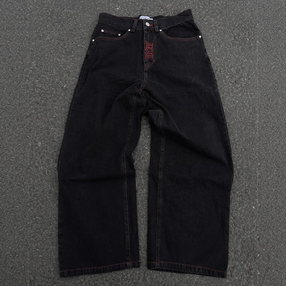 Retro hip - hop goth straight leg loose wide leg skeleton embroidered washed denim jeans for men - 𝐃𝐔𝐕𝐋𝐀𝐒𝐇𝐎𝐏