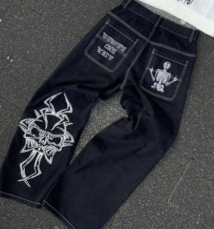 Retro hip - hop goth straight leg loose wide leg skeleton embroidered washed denim jeans for men - 𝐃𝐔𝐕𝐋𝐀𝐒𝐇𝐎𝐏