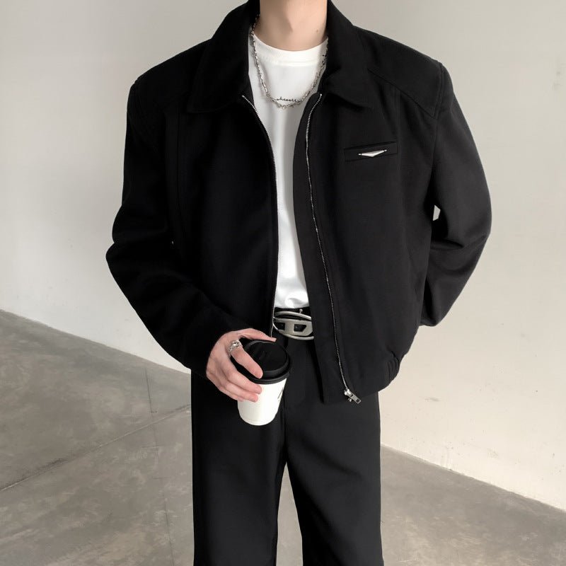 Retro niche metal padded shoulder silhouette zipper woolen coat - 𝐝𝐮𝐯𝐥𝐚𝐬𝐡𝐨𝐩.𝐜𝐨𝐦