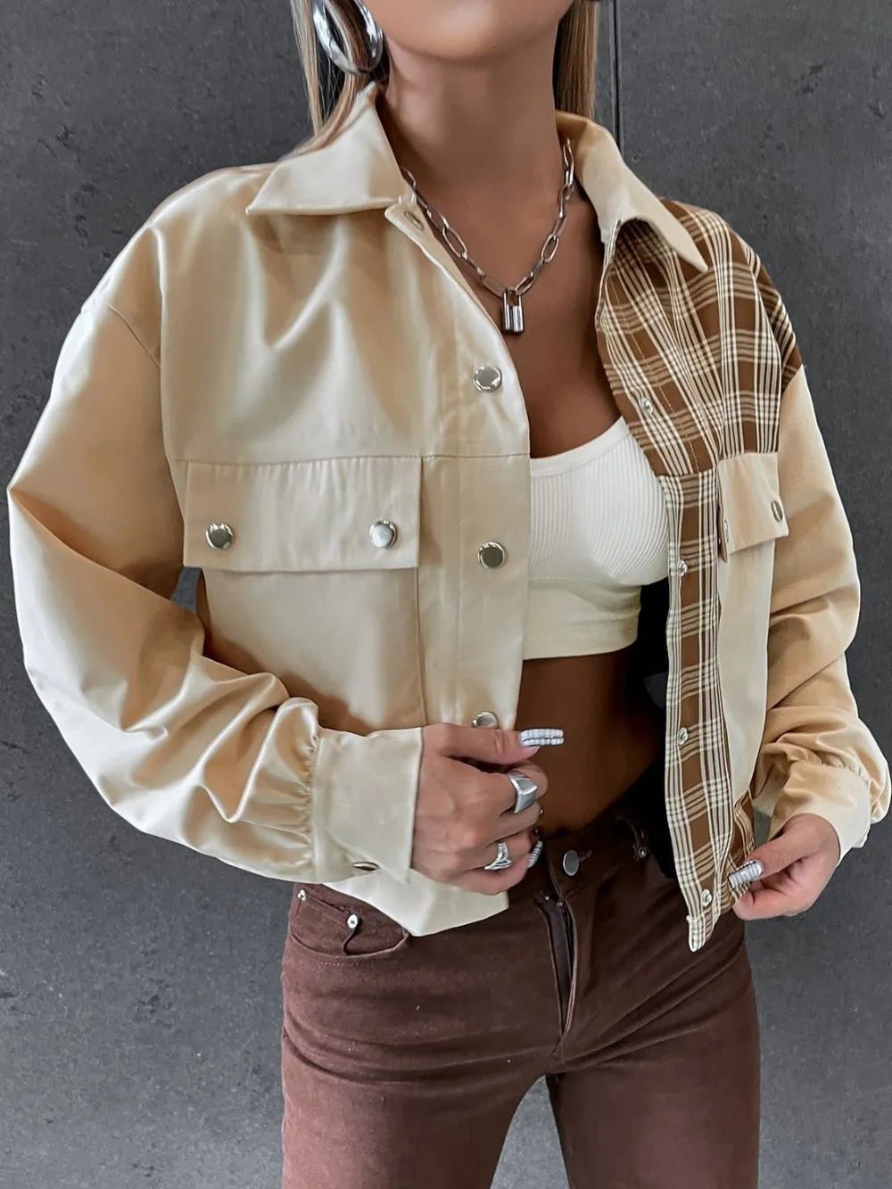 Snap Down Color Block Plaid Jacket - 𝐃𝐔𝐕𝐋𝐀𝐒𝐇𝐎𝐏