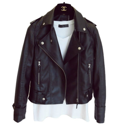 Spring and Autumn fashion women's slim fit lapel motorcycle leather jacket jacket - 𝐃𝐔𝐕𝐋𝐀𝐒𝐇𝐎𝐏