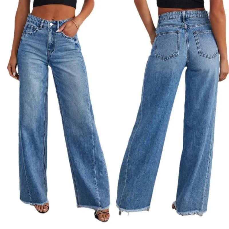 Spring Summer New Women's Clothing Solid Color Loose Wide Leg Side Seam Stitching Frayed Hem Jeans - 𝐝𝐮𝐯𝐥𝐚𝐬𝐡𝐨𝐩.𝐜𝐨𝐦