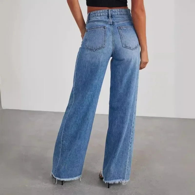 Spring Summer New Women's Clothing Solid Color Loose Wide Leg Side Seam Stitching Frayed Hem Jeans - 𝐝𝐮𝐯𝐥𝐚𝐬𝐡𝐨𝐩.𝐜𝐨𝐦