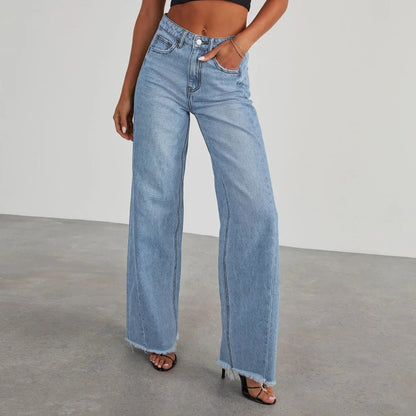Spring Summer New Women's Clothing Solid Color Loose Wide Leg Side Seam Stitching Frayed Hem Jeans - 𝐝𝐮𝐯𝐥𝐚𝐬𝐡𝐨𝐩.𝐜𝐨𝐦