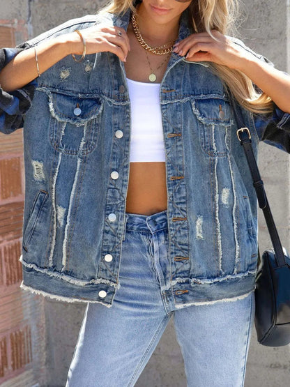Street trendsetters' fringed denim plaid jacket - 𝐝𝐮𝐯𝐥𝐚𝐬𝐡𝐨𝐩.𝐜𝐨𝐦