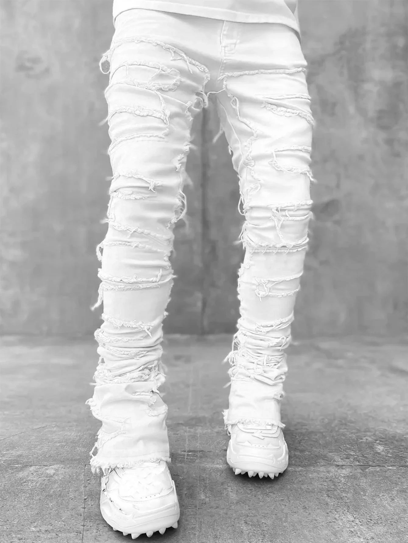 Stretchy Vintage Blue Stacked Jeans For Men Premium Raw Frayed Denim Destroyed Washed Patchworks Pants New - 𝐃𝐔𝐕𝐋𝐀𝐒𝐇𝐎𝐏