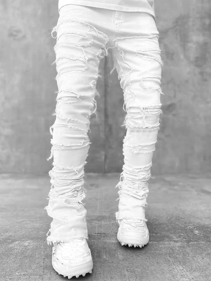 Stretchy Vintage Blue Stacked Jeans For Men Premium Raw Frayed Denim Destroyed Washed Patchworks Pants New - 𝐃𝐔𝐕𝐋𝐀𝐒𝐇𝐎𝐏