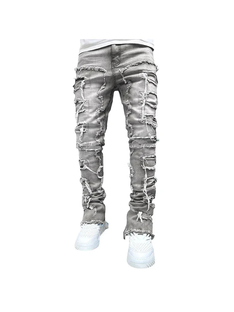 Stretchy Vintage Blue Stacked Jeans For Men Premium Raw Frayed Denim Destroyed Washed Patchworks Pants New - 𝐝𝐮𝐯𝐥𝐚𝐬𝐡𝐨𝐩.𝐜𝐨𝐦