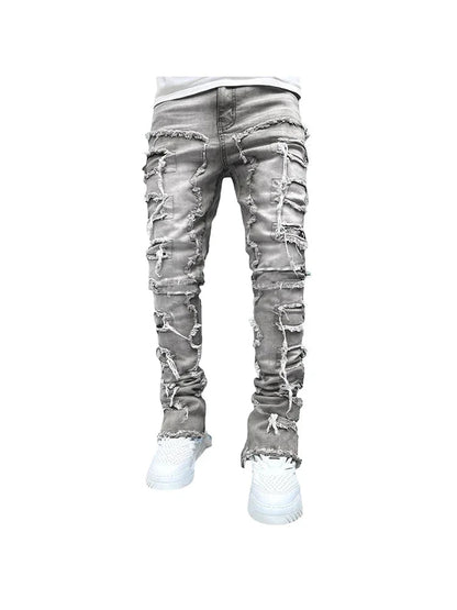 Stretchy Vintage Blue Stacked Jeans For Men Premium Raw Frayed Denim Destroyed Washed Patchworks Pants New - 𝐝𝐮𝐯𝐥𝐚𝐬𝐡𝐨𝐩.𝐜𝐨𝐦