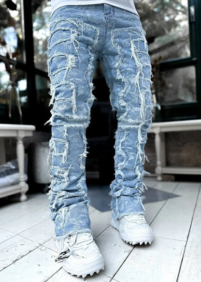 Stretchy Vintage Blue Stacked Jeans For Men Premium Raw Frayed Denim Destroyed Washed Patchworks Pants New - 𝐝𝐮𝐯𝐥𝐚𝐬𝐡𝐨𝐩.𝐜𝐨𝐦