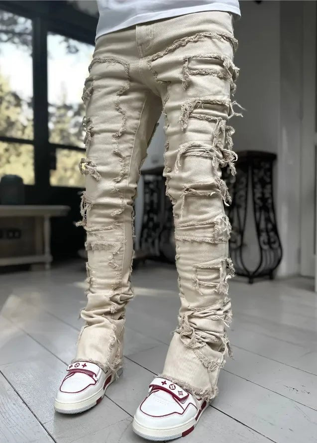 Stretchy Vintage Blue Stacked Jeans For Men Premium Raw Frayed Denim Destroyed Washed Patchworks Pants New - 𝐃𝐔𝐕𝐋𝐀𝐒𝐇𝐎𝐏