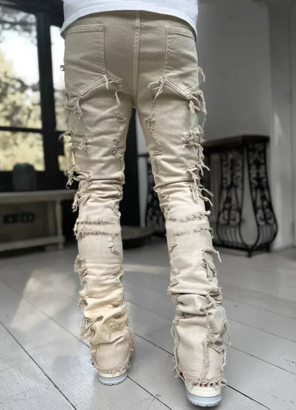Stretchy Vintage Blue Stacked Jeans For Men Premium Raw Frayed Denim Destroyed Washed Patchworks Pants New - 𝐃𝐔𝐕𝐋𝐀𝐒𝐇𝐎𝐏
