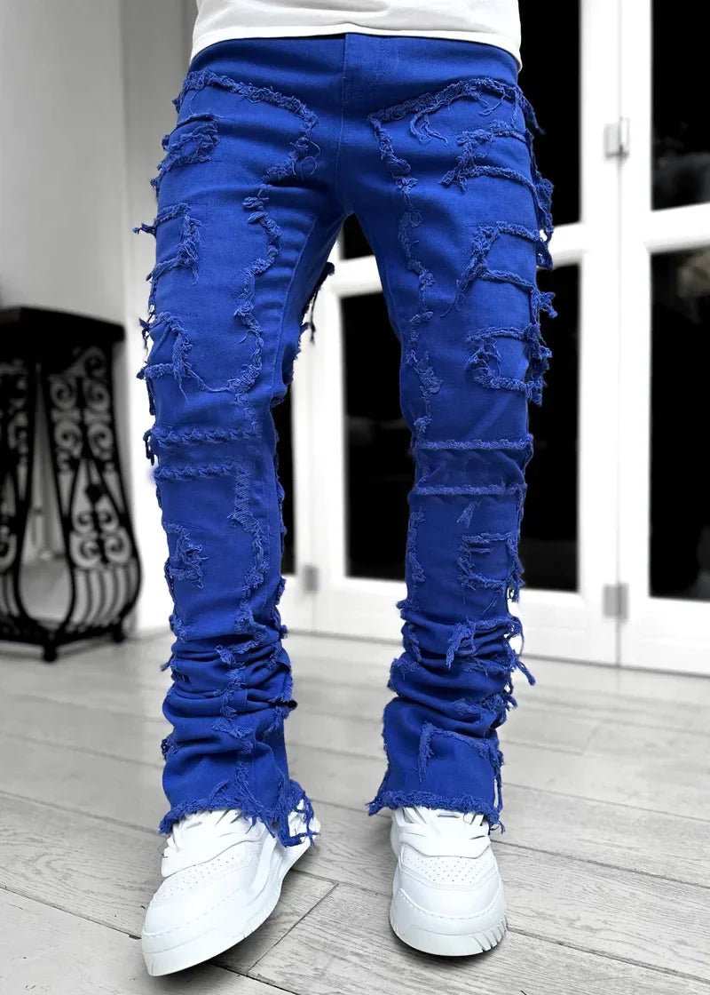 Stretchy Vintage Blue Stacked Jeans For Men Premium Raw Frayed Denim Destroyed Washed Patchworks Pants New - 𝐝𝐮𝐯𝐥𝐚𝐬𝐡𝐨𝐩.𝐜𝐨𝐦